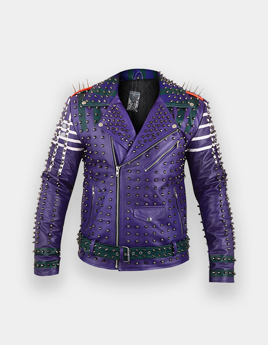 Men's Purple & Green Studded Leather Jacket with Patches
Brando Style | Belted Collar Waist | Stylish Motorbike Jacket